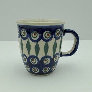 Polish Pottery Peacock Leaves Mug Peacock Blue Circles Green Stripes Mug